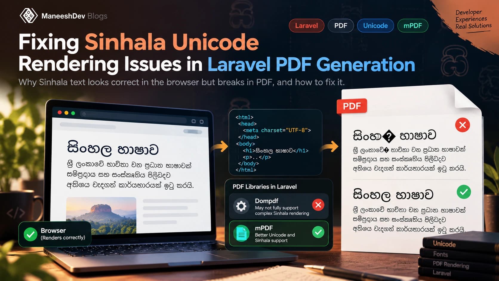 Sinhala text rendered correctly in a PDF generated by a Laravel application